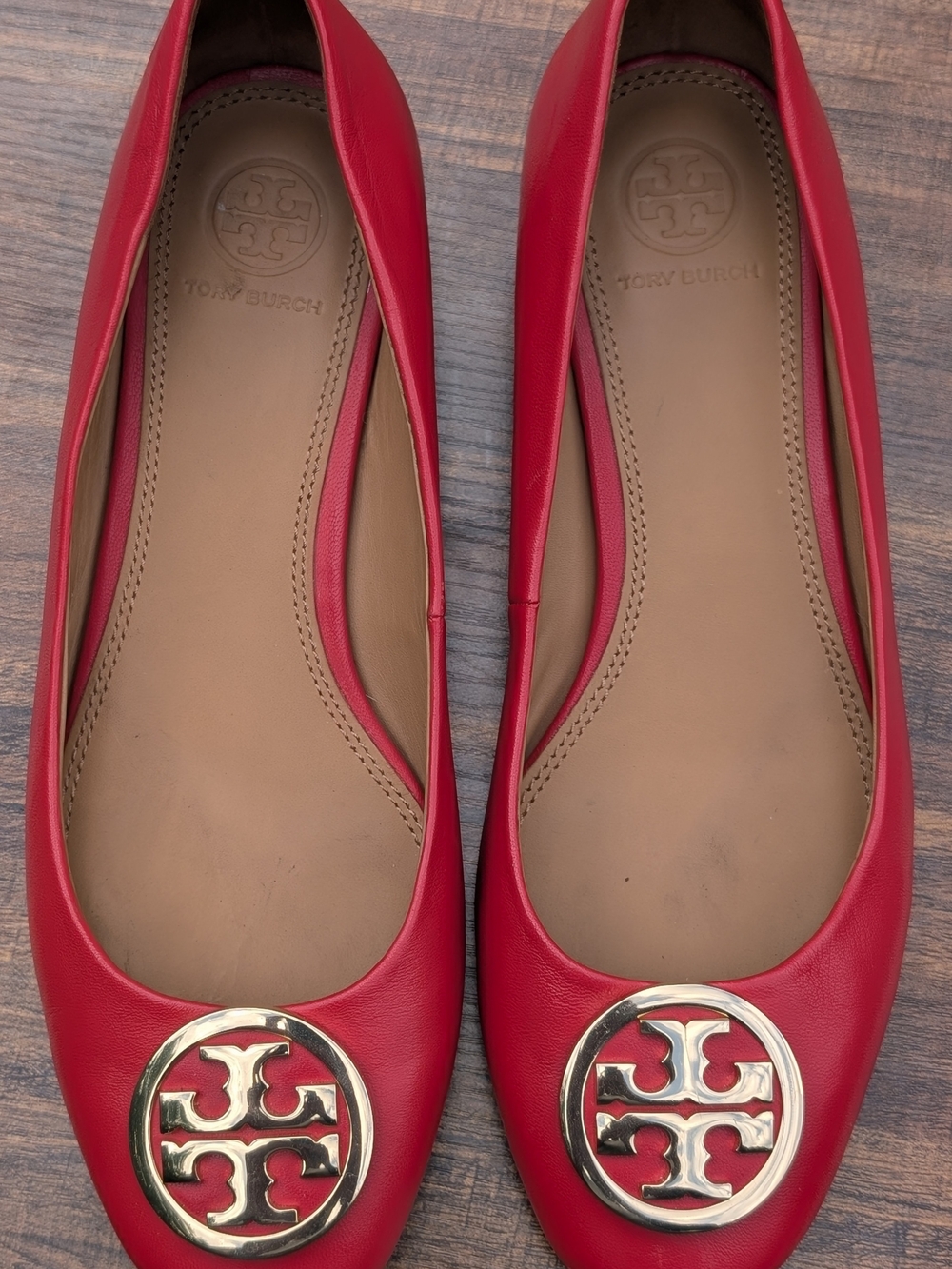 Tory Burch Red Leather Logo Round-Toe Ballet Flats